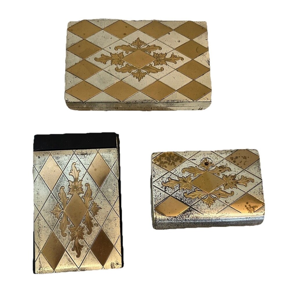 Vintage Art Deco Gold Tone Diamond Design 3 Pc Desk Set Pen & Paper Holders, Box